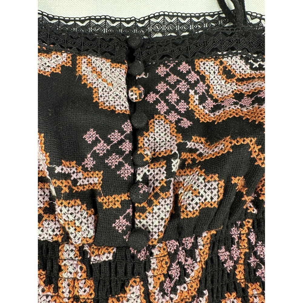 Anthropologie Embroidered Cross Stitch Floral Midi Dress Black Small Lace Trim - Picture 12 of 14